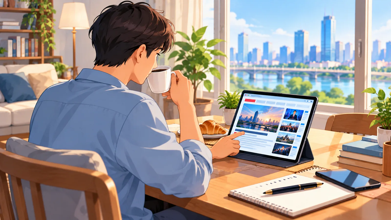 Buổi sáng yên tĩnh, người vừa uống cà phê vừa đọc tin trên máy tính bảng