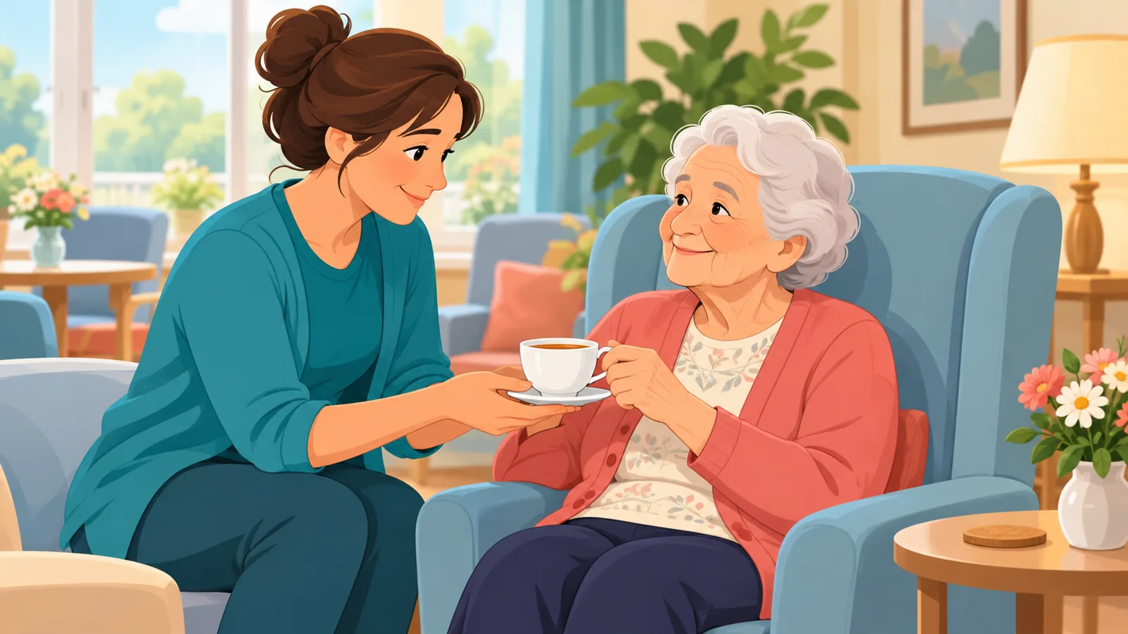 Nhân viên hỗ trợ cư dân trong phòng sinh hoạt chung