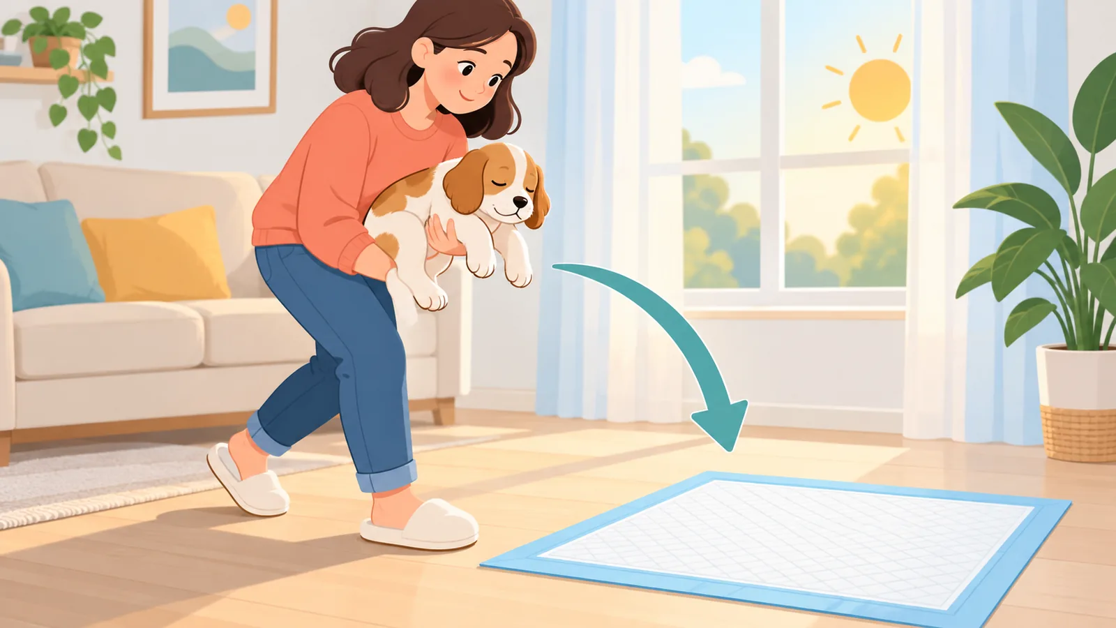 Chó con vừa ngủ dậy được đưa đến tấm lót
