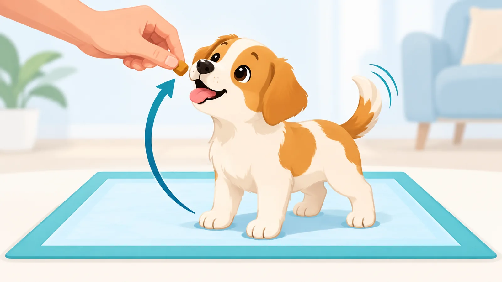 Người nuôi cho chó con bánh thưởng nhỏ sau khi dùng tấm lót
