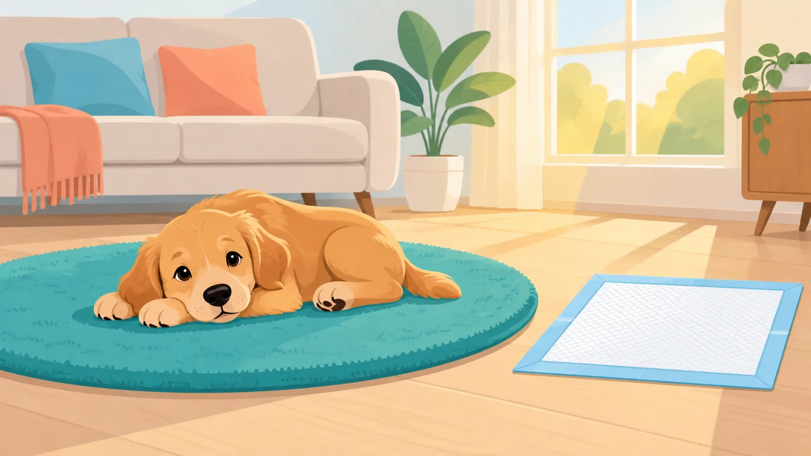 Chó con thoải mái nằm gần tấm lót sau một thời gian luyện tập