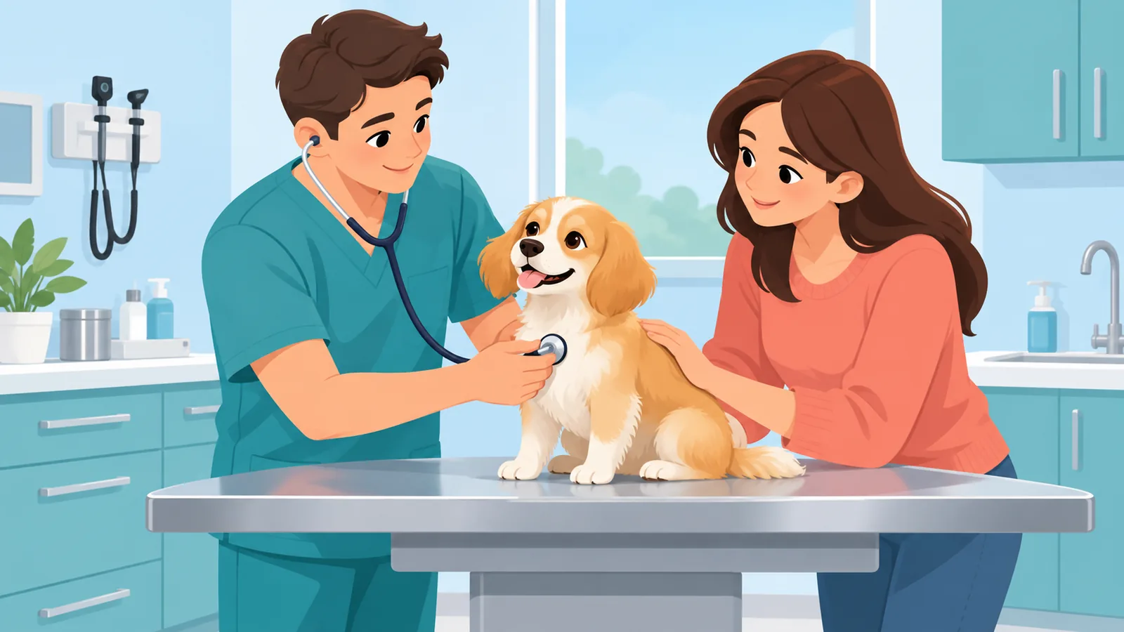 Bác sĩ thú y khám cho chó con tại phòng khám