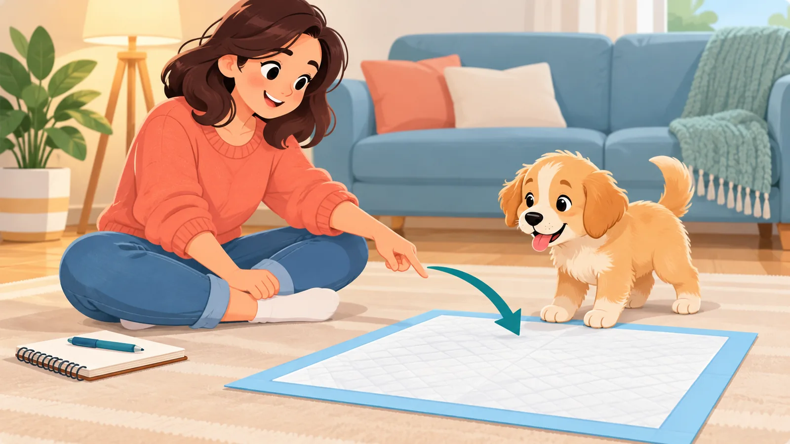 Người nuôi chó ngồi trên sàn cùng chú chó con và tấm lót