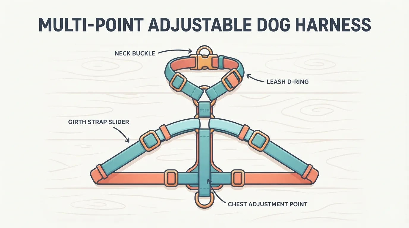Hai kiểu harness móc lưng và móc ngực đặt trên bàn