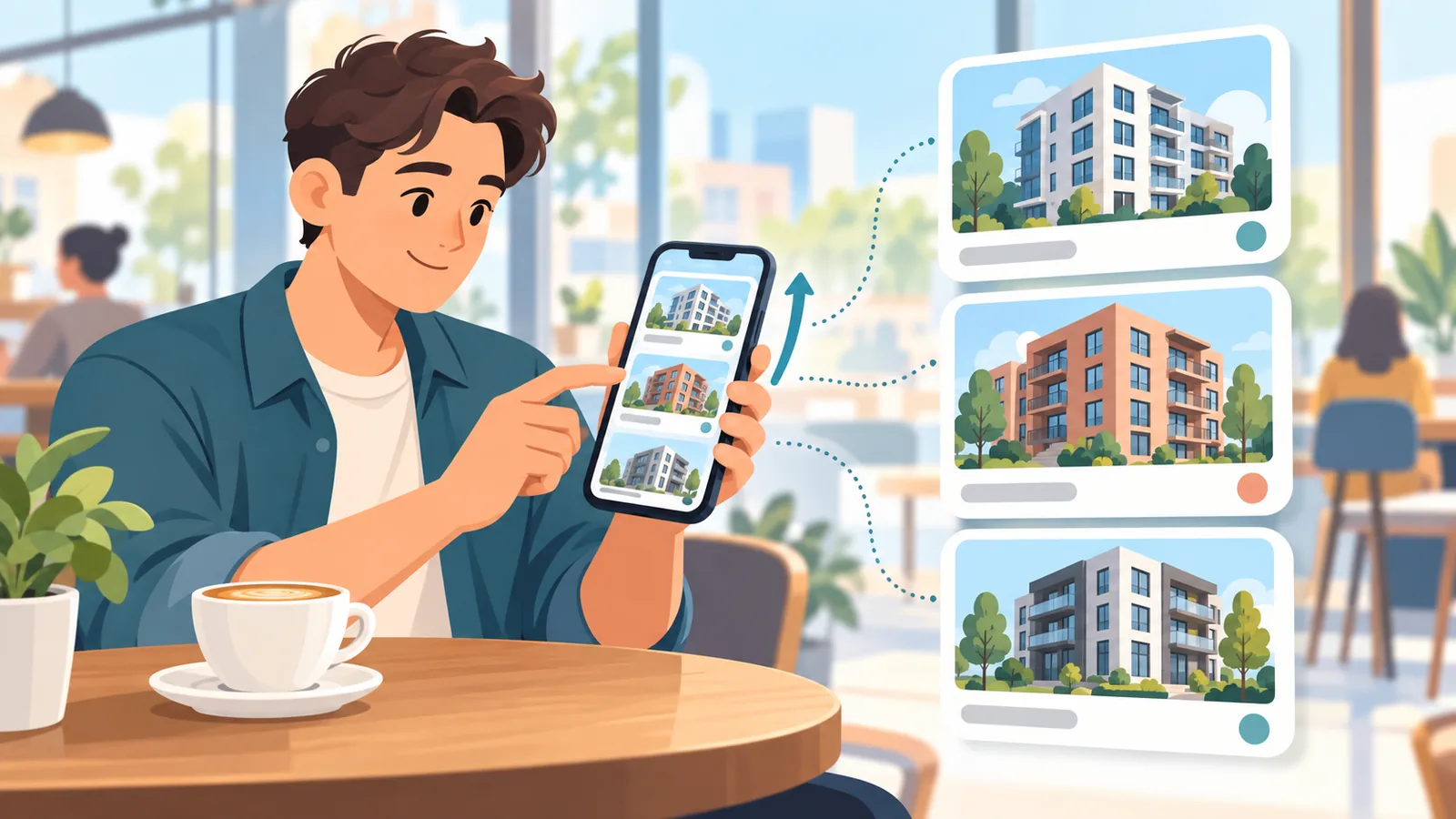 Người xem tin đăng cho thuê căn hộ trên điện thoại tại quán cà phê