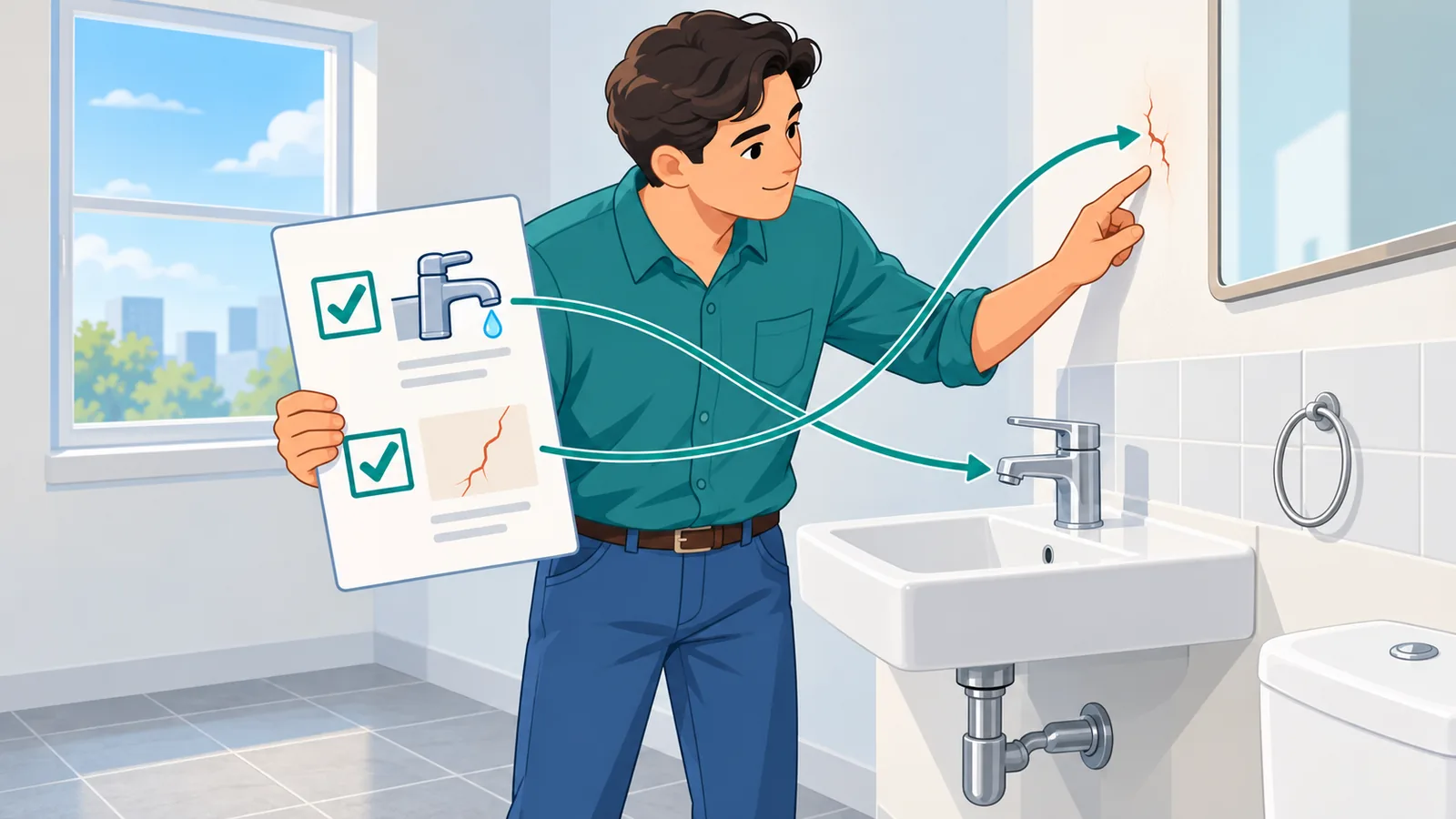 Người thuê nhà kiểm tra vòi nước và tường phòng tắm theo danh sách kiểm tra