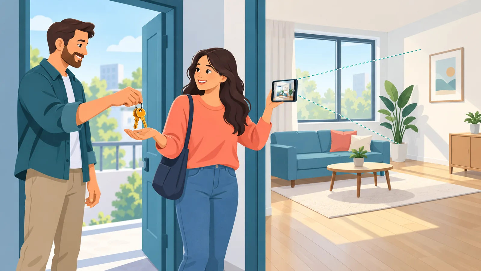 Chủ nhà bàn giao chìa khóa trong khi người thuê chụp ảnh hiện trạng căn hộ