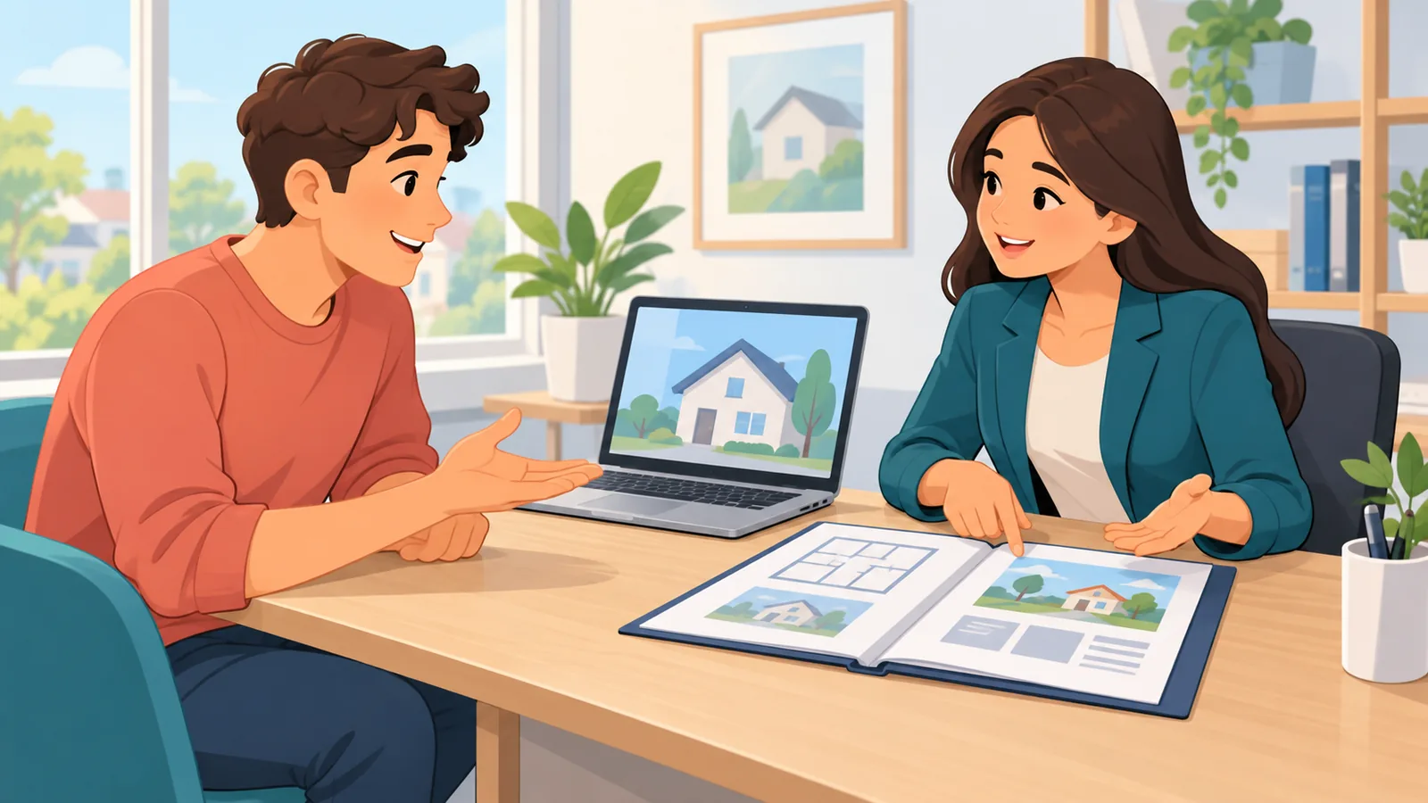 Người thuê nhà đặt câu hỏi với nhân viên môi giới tại bàn làm việc