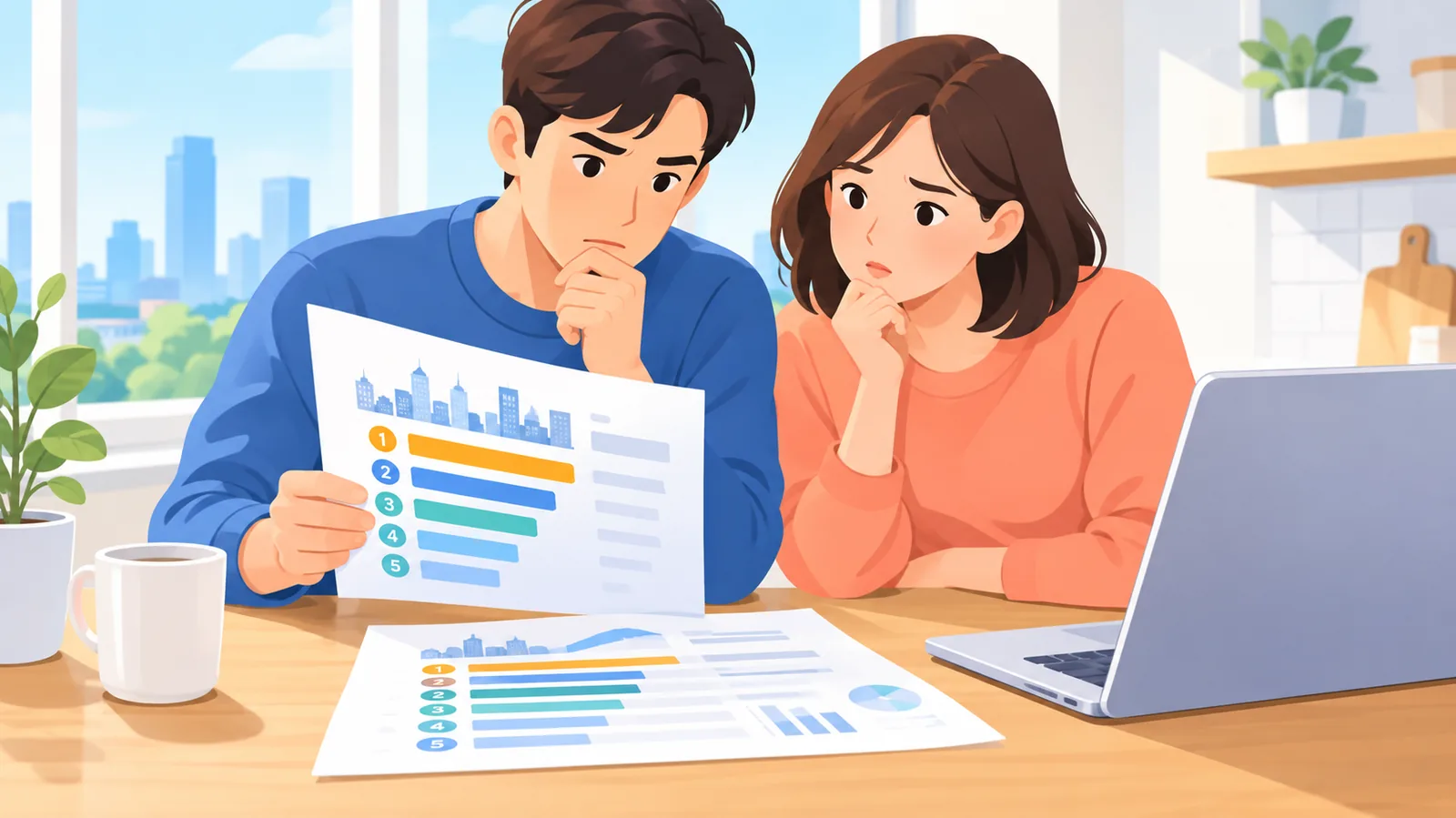 Cặp vợ chồng xem bảng xếp hạng thành phố để chọn nơi mua nhà