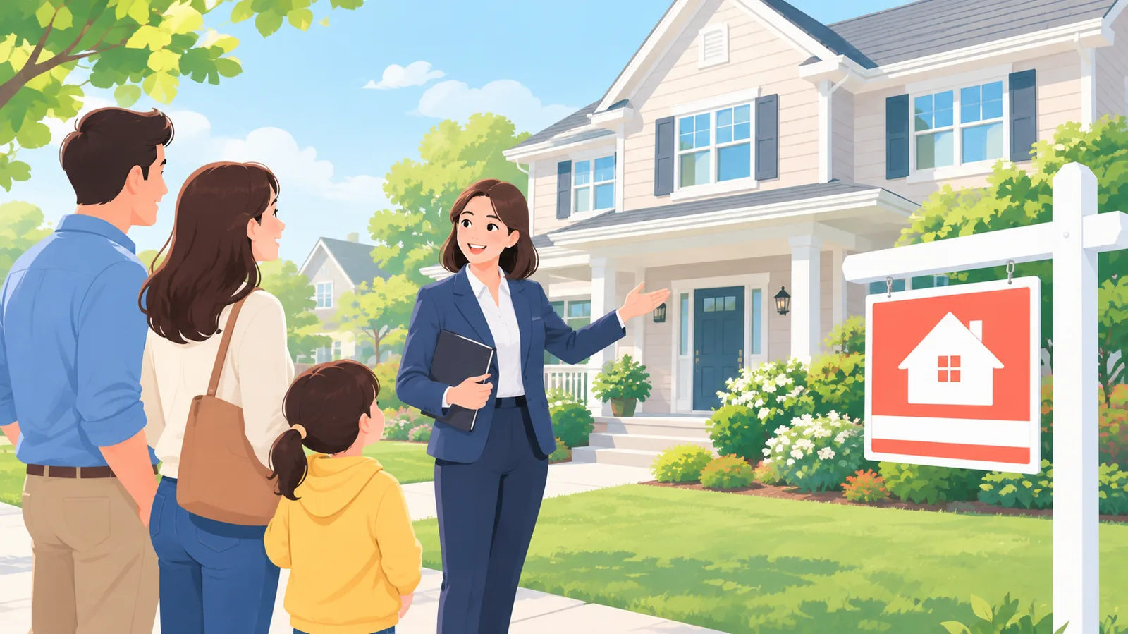Nhân viên môi giới dẫn một gia đình xem nhà có biển rao bán