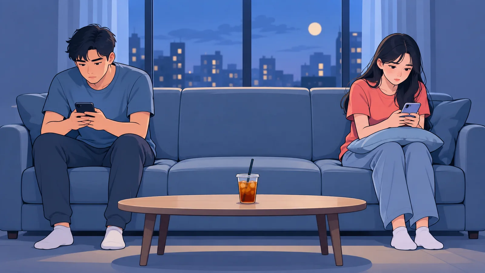 Cặp đôi ngồi hai đầu ghế sofa, mỗi người cầm một chiếc điện thoại
