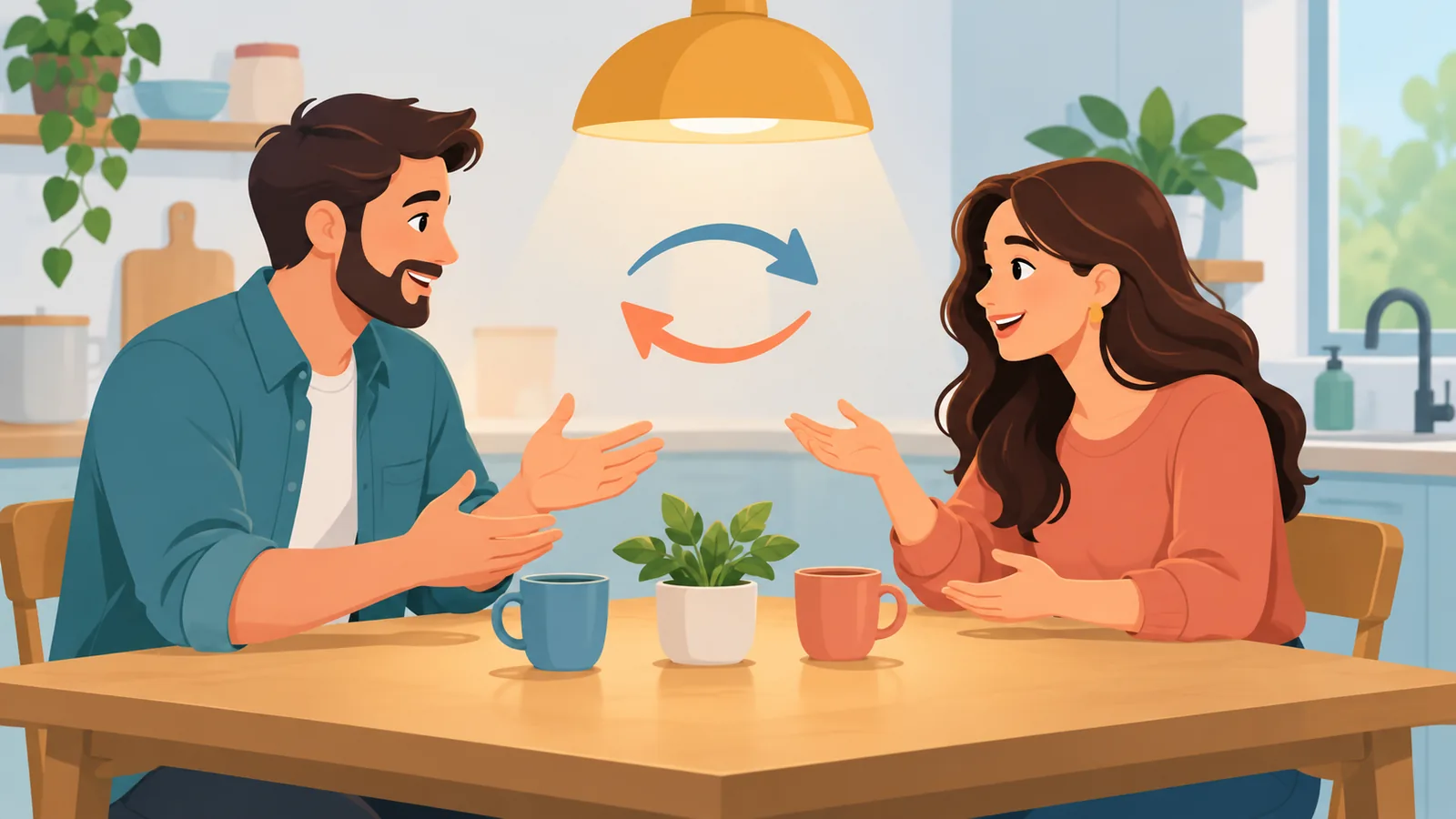 Cặp đôi trò chuyện chân thành bên bàn bếp