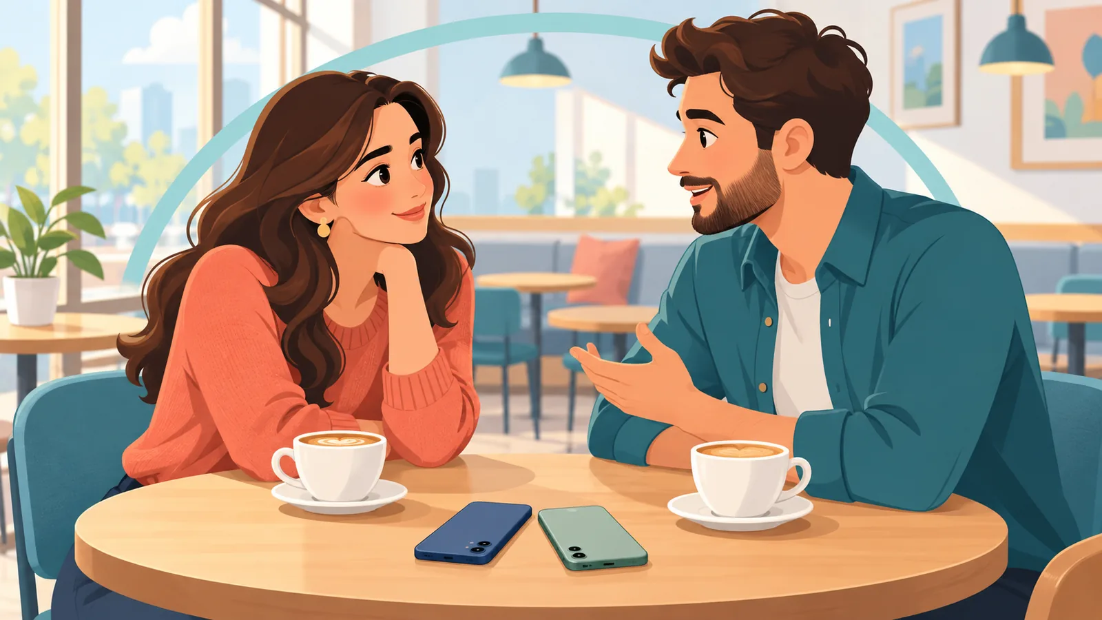 Người phụ nữ chăm chú lắng nghe người bạn đời, điện thoại úp trên bàn