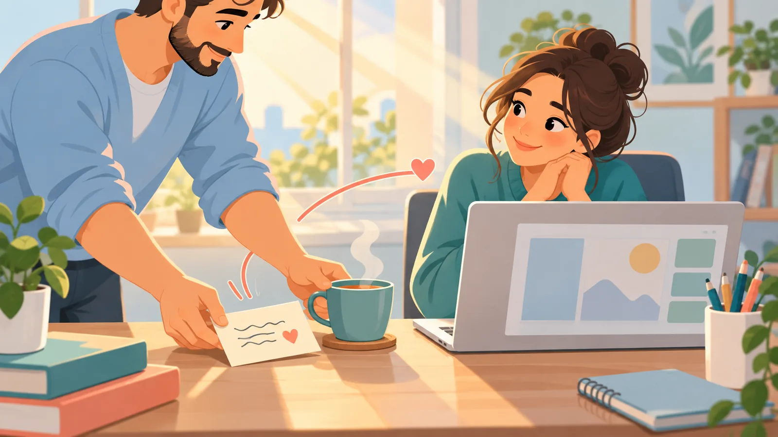 Người đàn ông đặt tách trà và lời cảm ơn cạnh máy tính của người yêu