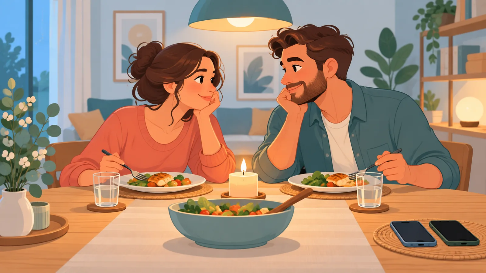 Cặp đôi mỉm cười bên bữa cơm tối ở nhà, không điện thoại
