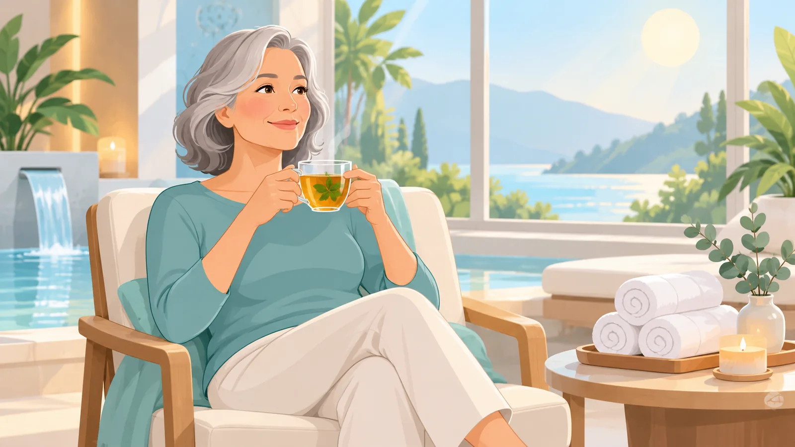Người phụ nữ thư giãn tại spa với tách trà thảo mộc