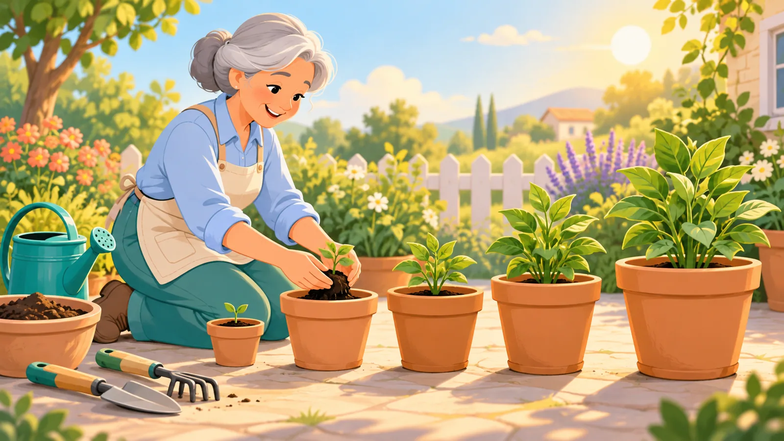 Người phụ nữ lớn tuổi trồng cây trong khu vườn nhỏ