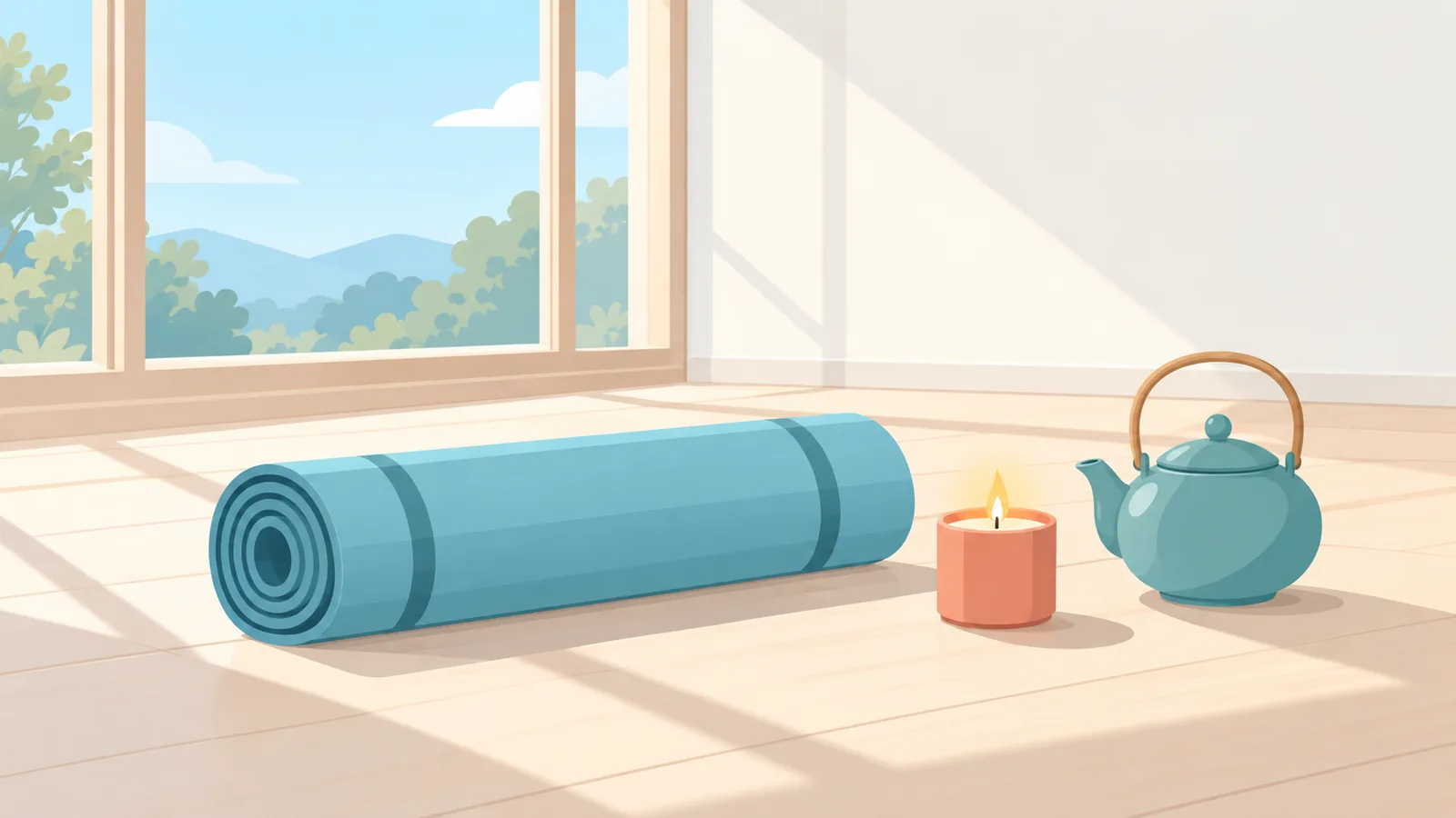 Thảm yoga, nến thơm và ấm trà thư giãn tại nhà