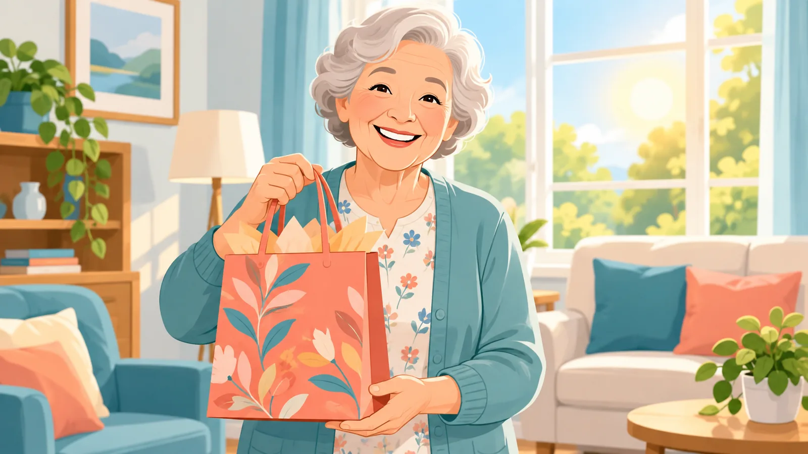 Người phụ nữ nghỉ hưu mỉm cười cầm túi quà
