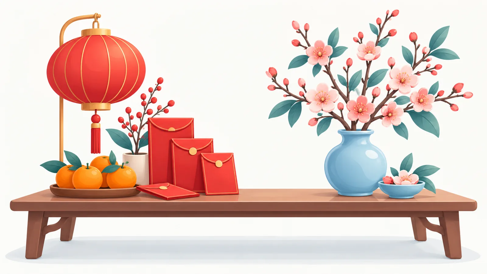 Đồ trang trí Tết màu đỏ đặt cạnh cành hoa xuân