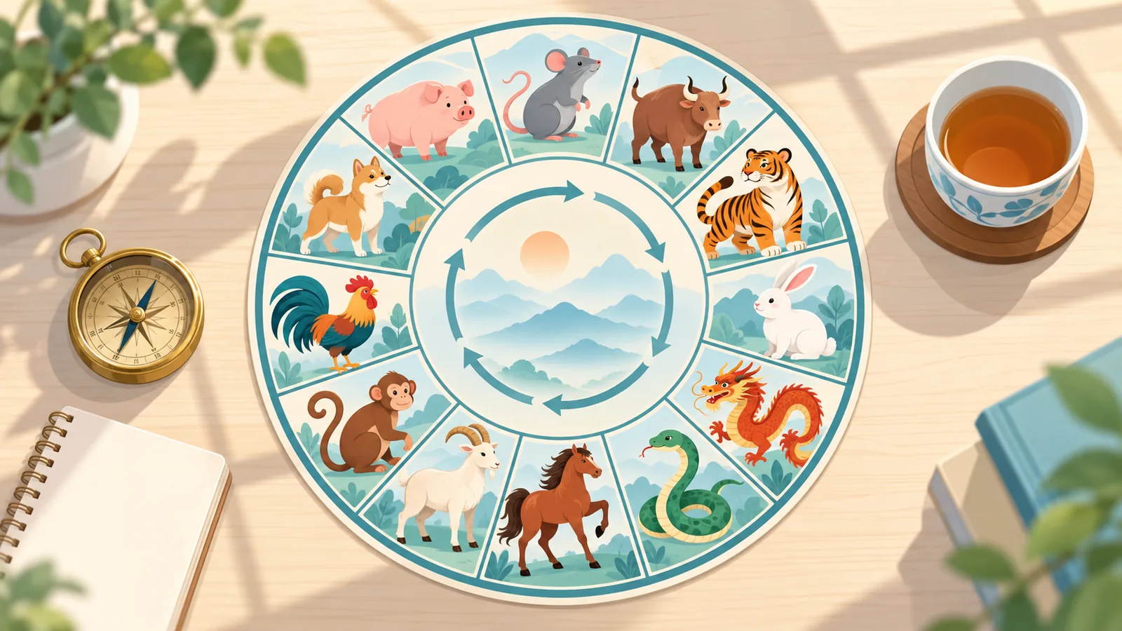 Bàn gỗ với vòng tròn mười hai con giáp, la bàn và tách trà