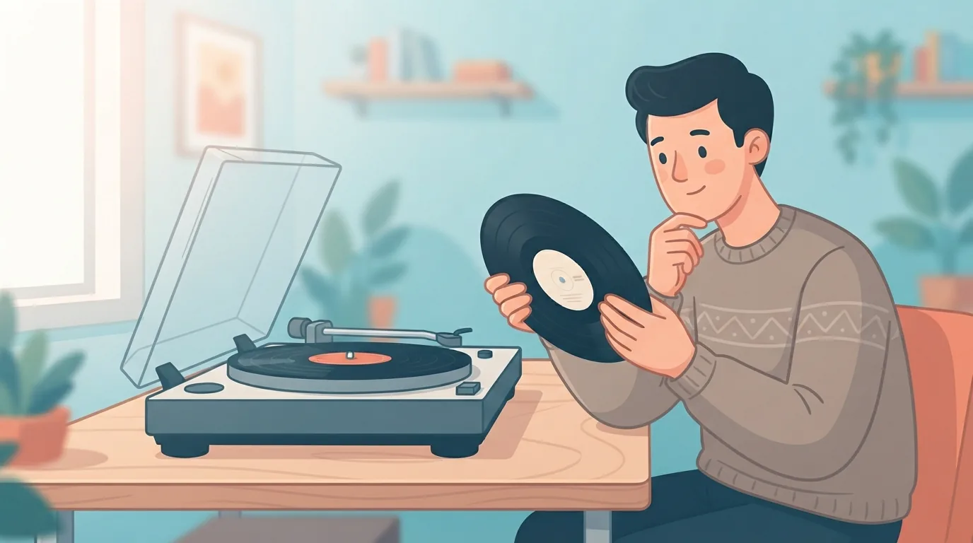 Người chơi đĩa than kiểm tra bề mặt đĩa bên cạnh mâm
