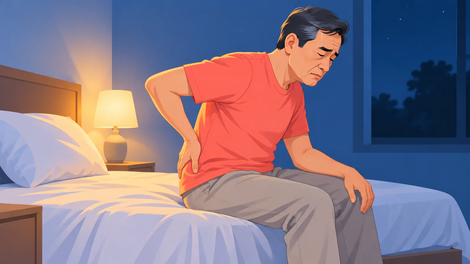 Người ngồi bên mép giường đưa tay đỡ lưng dưới vào ban đêm
