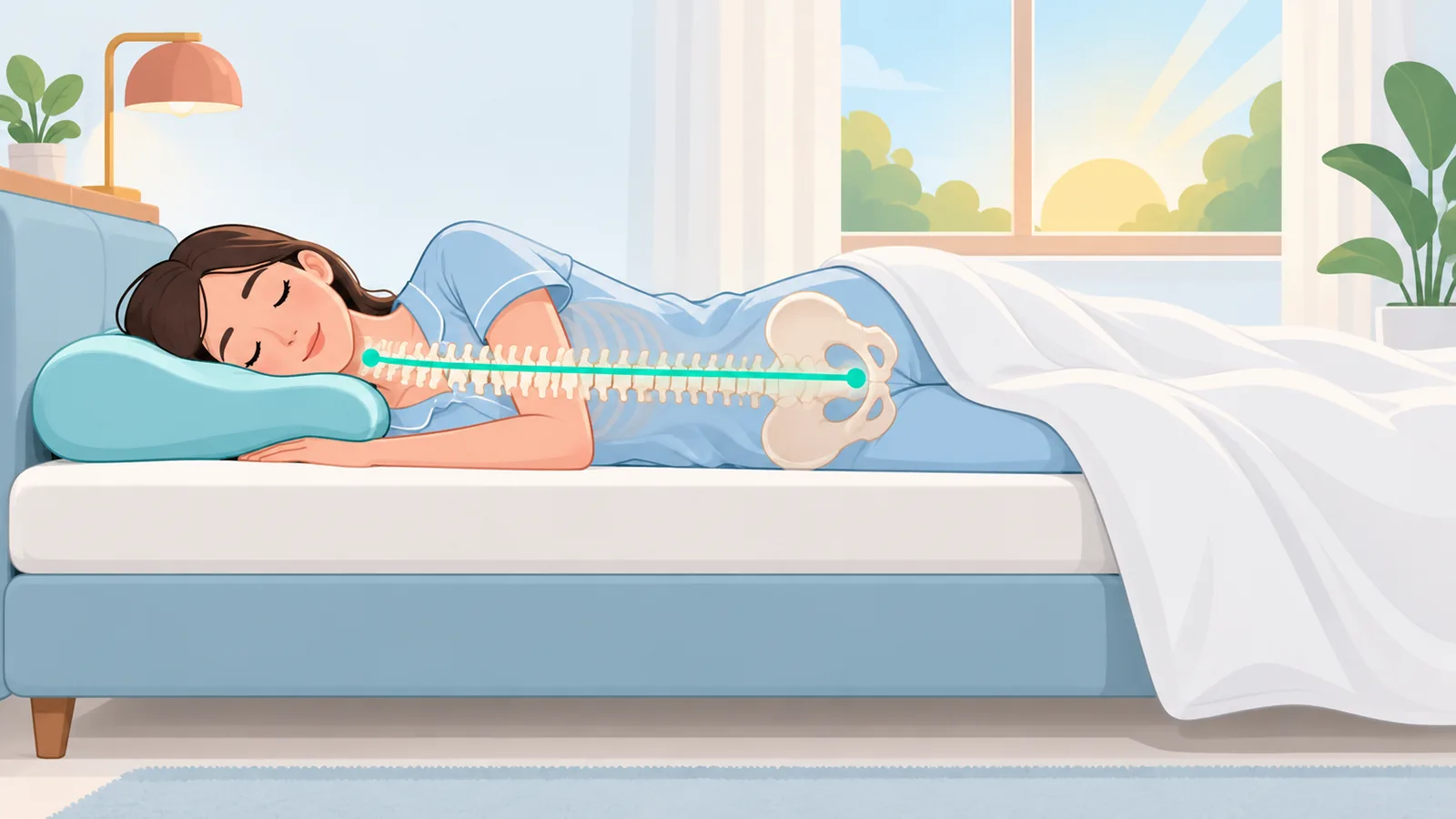 Người nằm trên giường với cột sống giữ thẳng tự nhiên