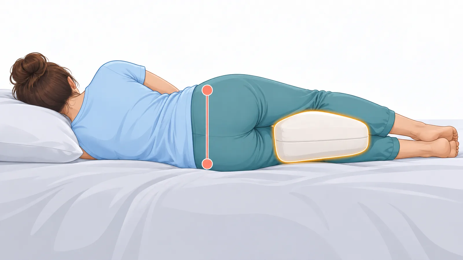 Người phụ nữ nằm nghiêng gập gối với gối kẹp giữa hai chân