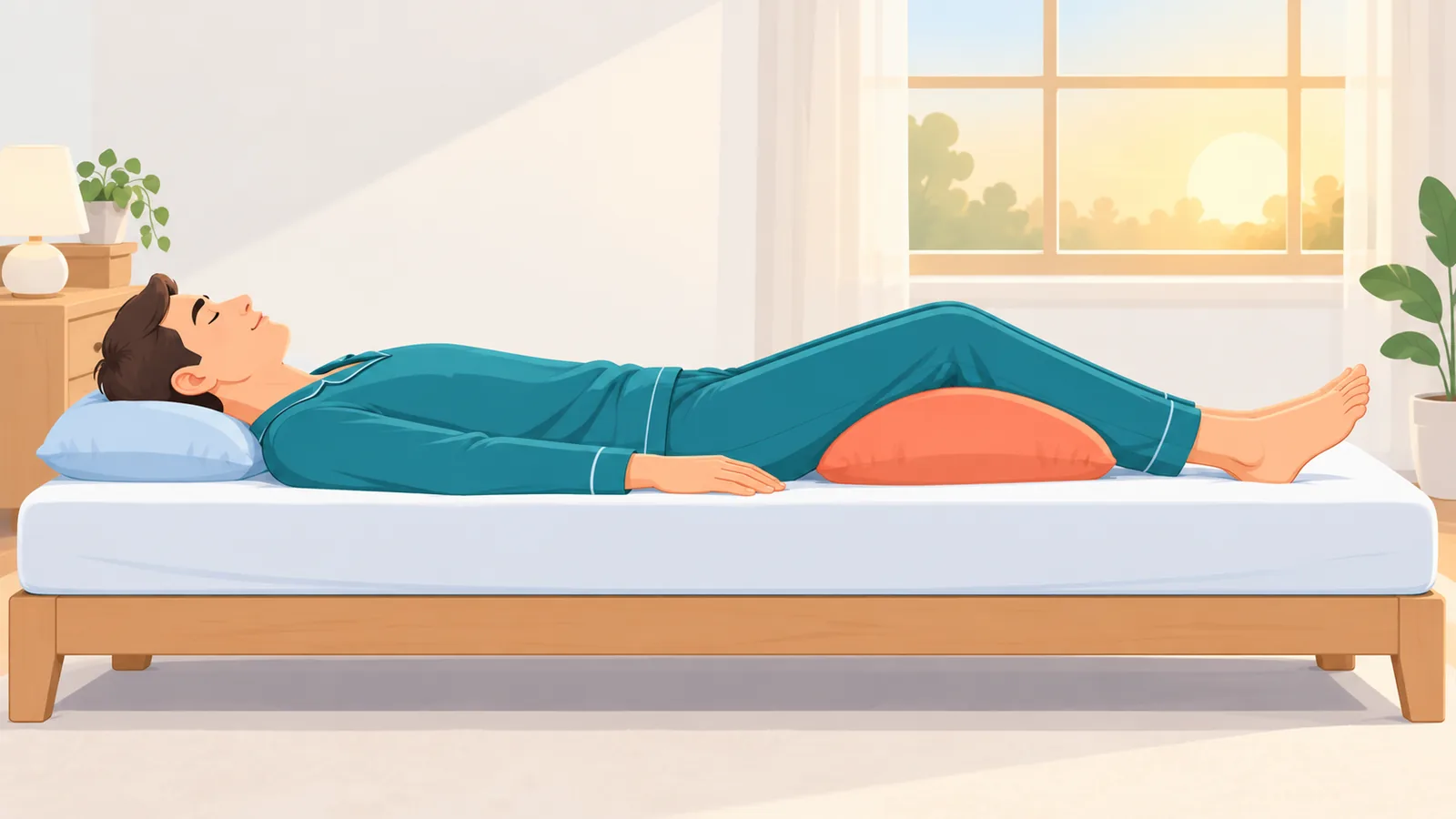 Người đàn ông nằm ngửa kê gối dưới đầu gối