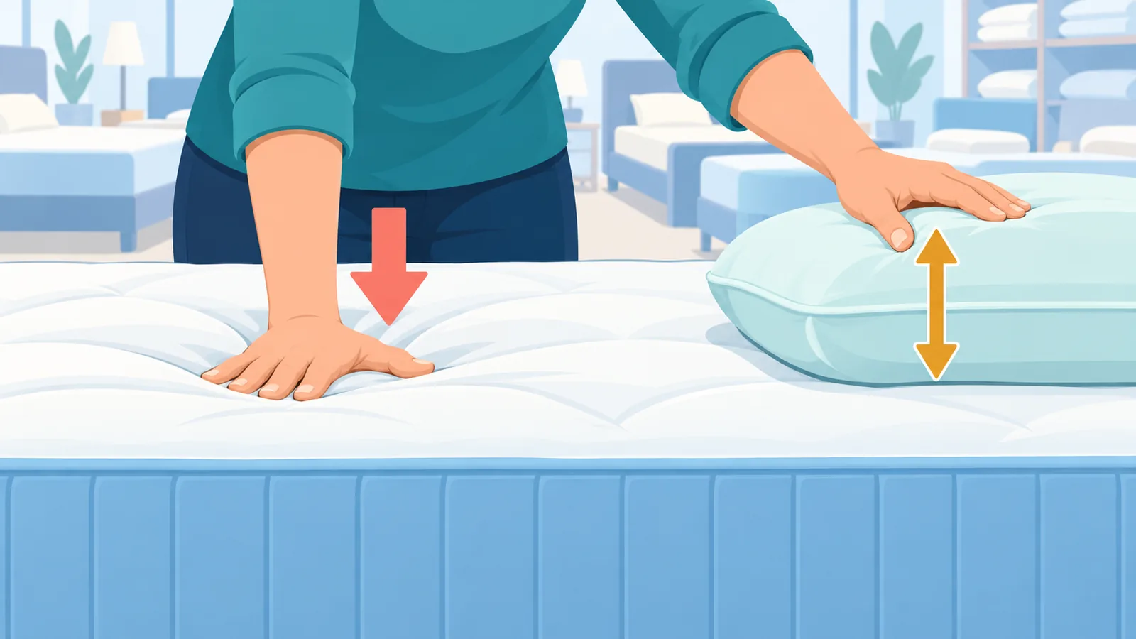 Người dùng tay thử độ cứng của nệm và độ cao của gối