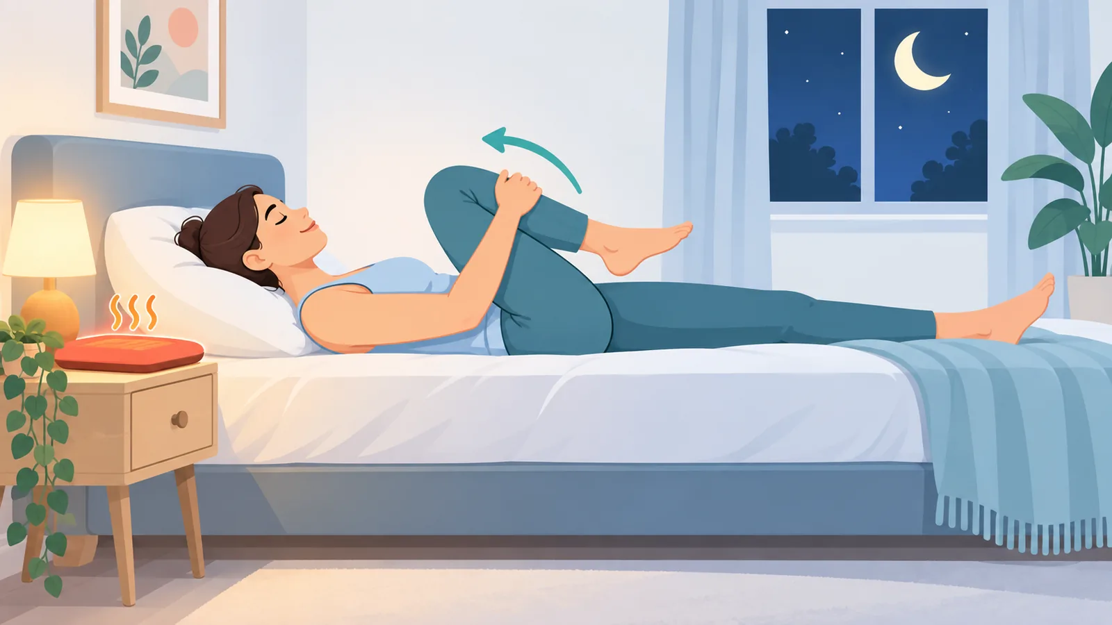 Người giãn cơ nhẹ kéo gối về ngực trước giờ ngủ