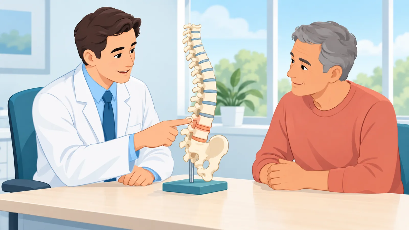 Bác sĩ trao đổi với bệnh nhân bị đau lưng trong phòng khám