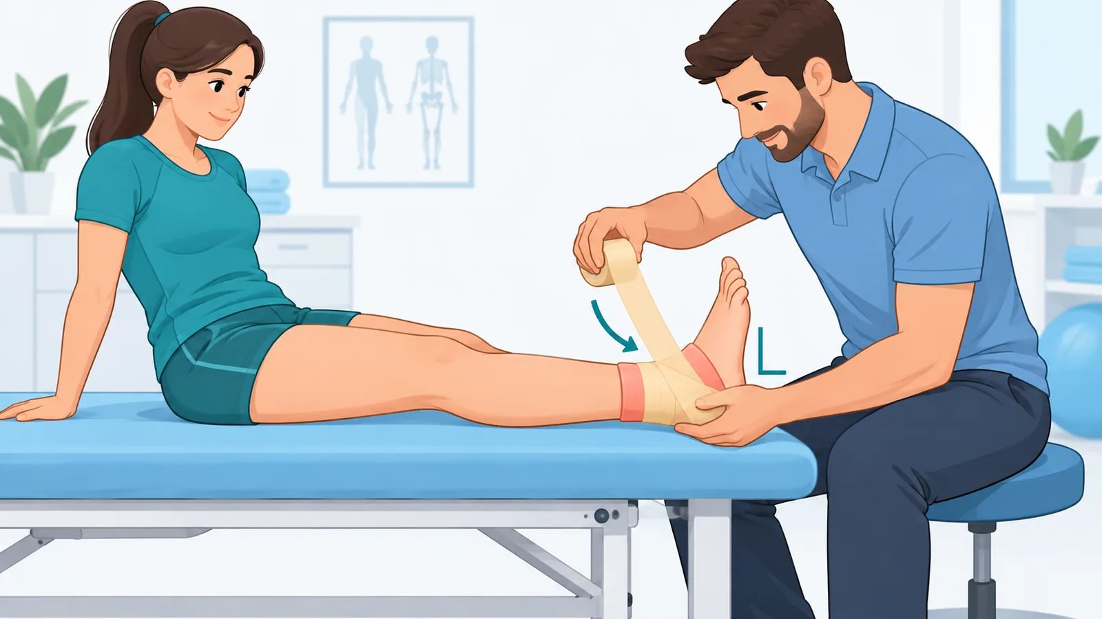 Huấn luyện viên đặt miếng đệm và quấn băng lót cho cổ chân đặt vuông góc