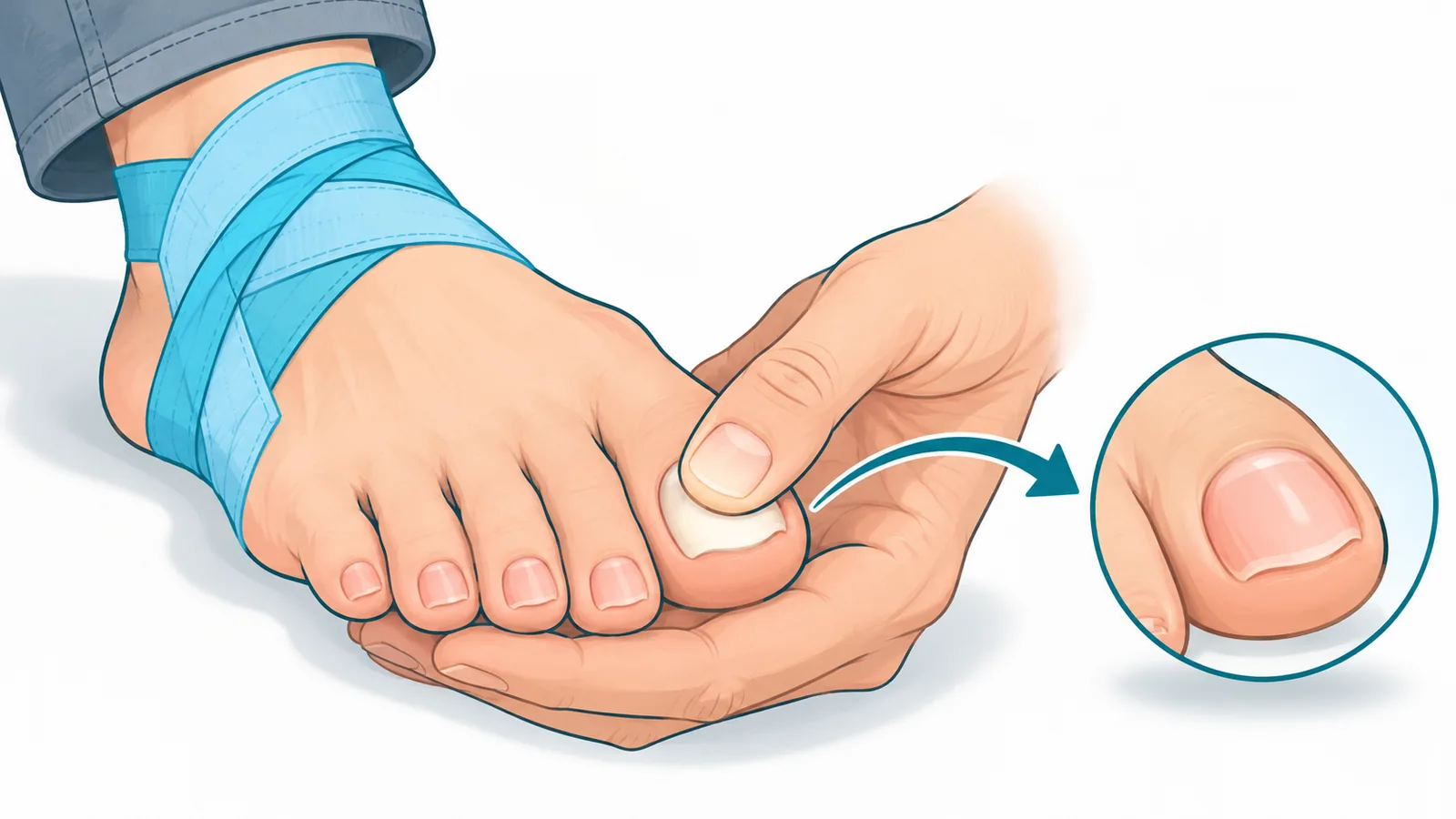 Ngón tay ấn nhẹ vào móng chân để kiểm tra máu trở lại sau khi quấn băng