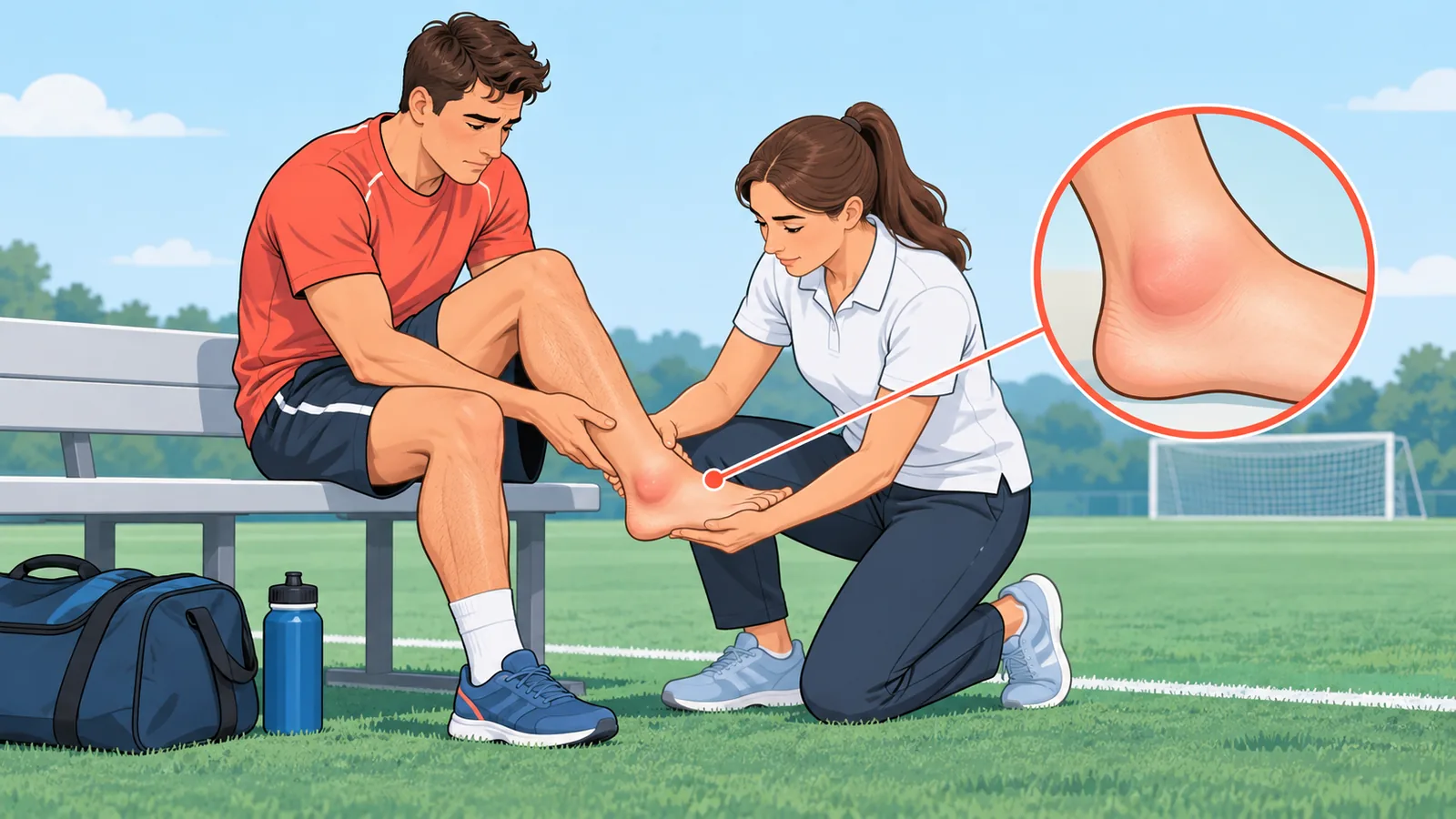 Vận động viên ngồi ngoài sân ôm cổ chân sưng trong lúc chuyên gia kiểm tra