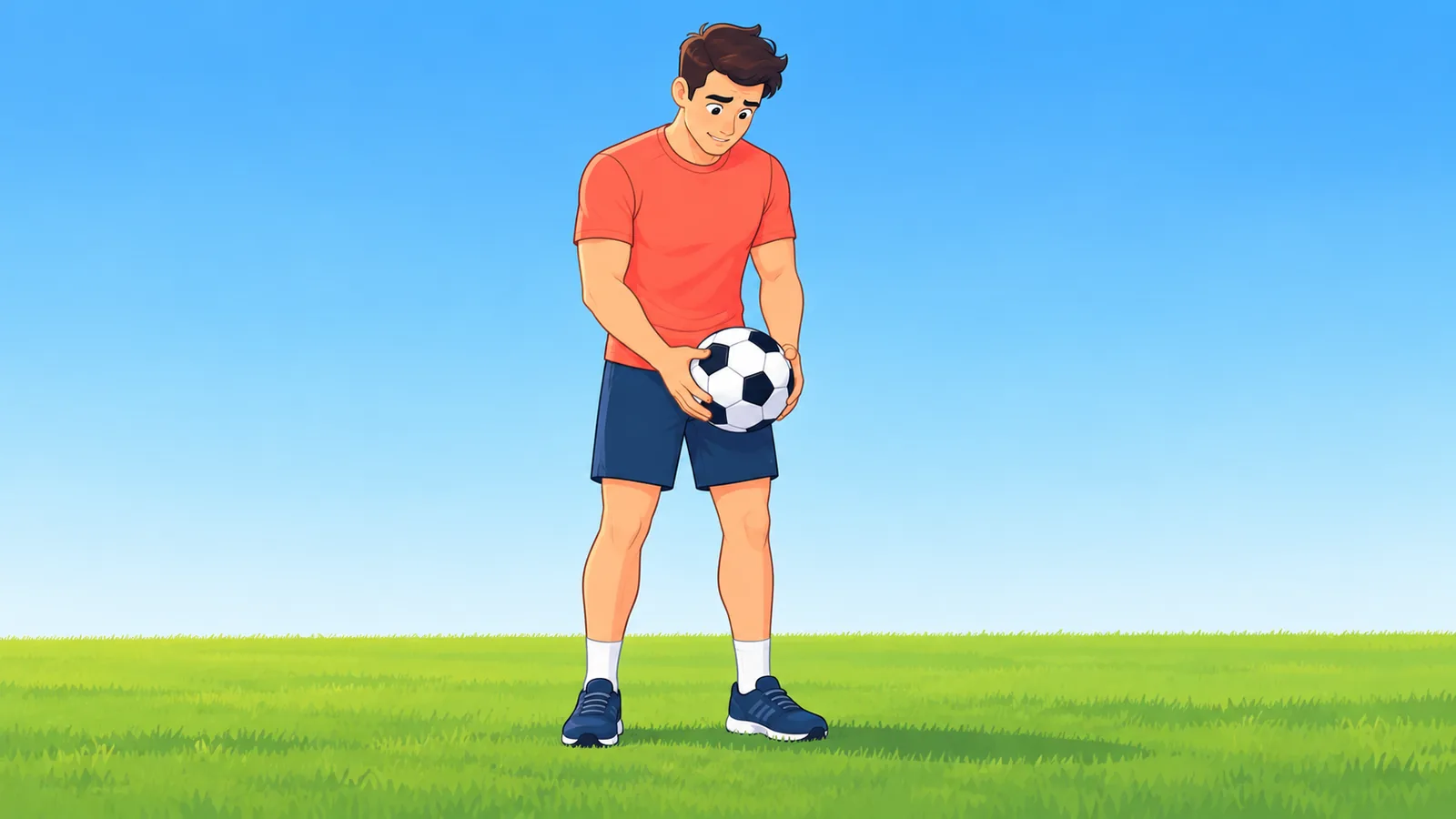 Người mới đứng trên sân cỏ chuẩn bị thả bóng từ tay