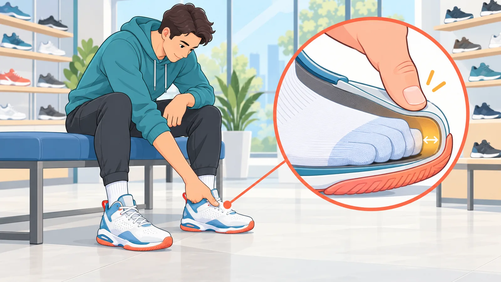 Người thử giày bóng rổ và kiểm tra khoảng trống đầu ngón