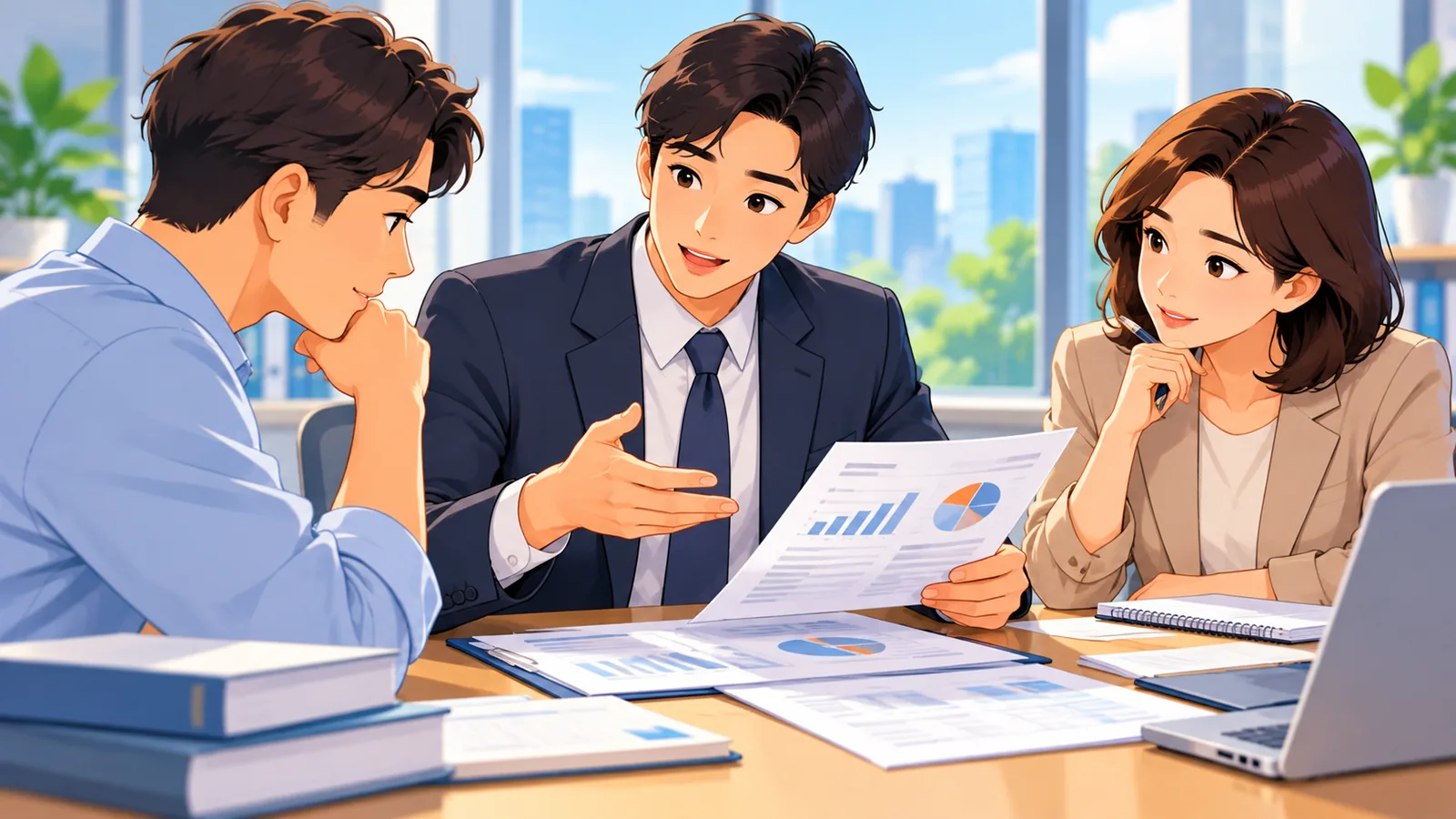 Ba chuyên gia thuế thảo luận hồ sơ tại bàn họp