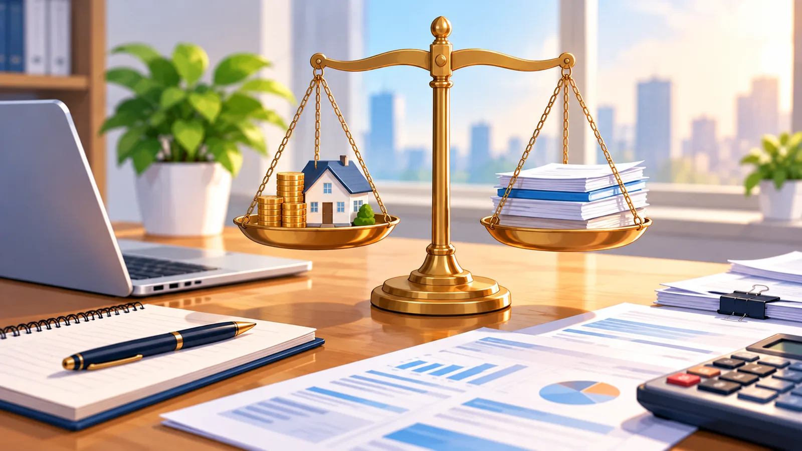 Cán cân đặt cạnh giấy tờ thể hiện việc cân nhắc ưu và nhược điểm