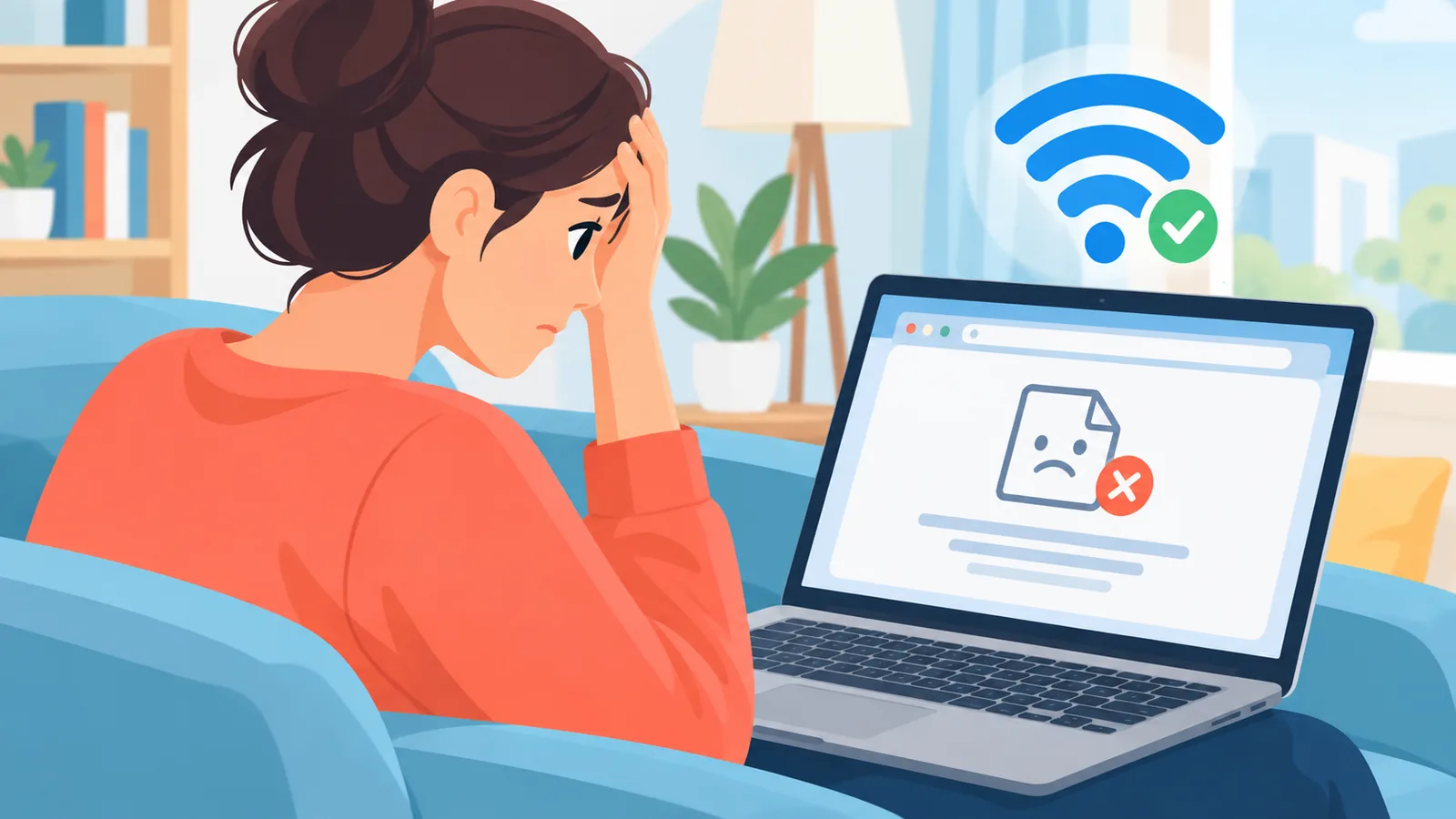 Người ngồi trên ghế sofa nhìn laptop báo đã kết nối Wi-Fi nhưng trang web không tải được