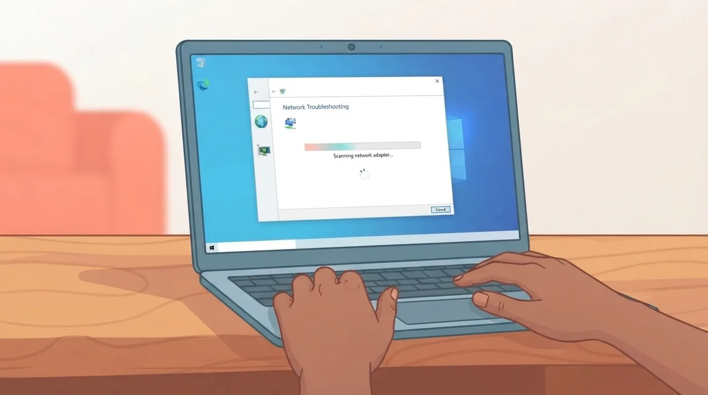 Laptop Windows đang chạy công cụ chẩn đoán lỗi mạng