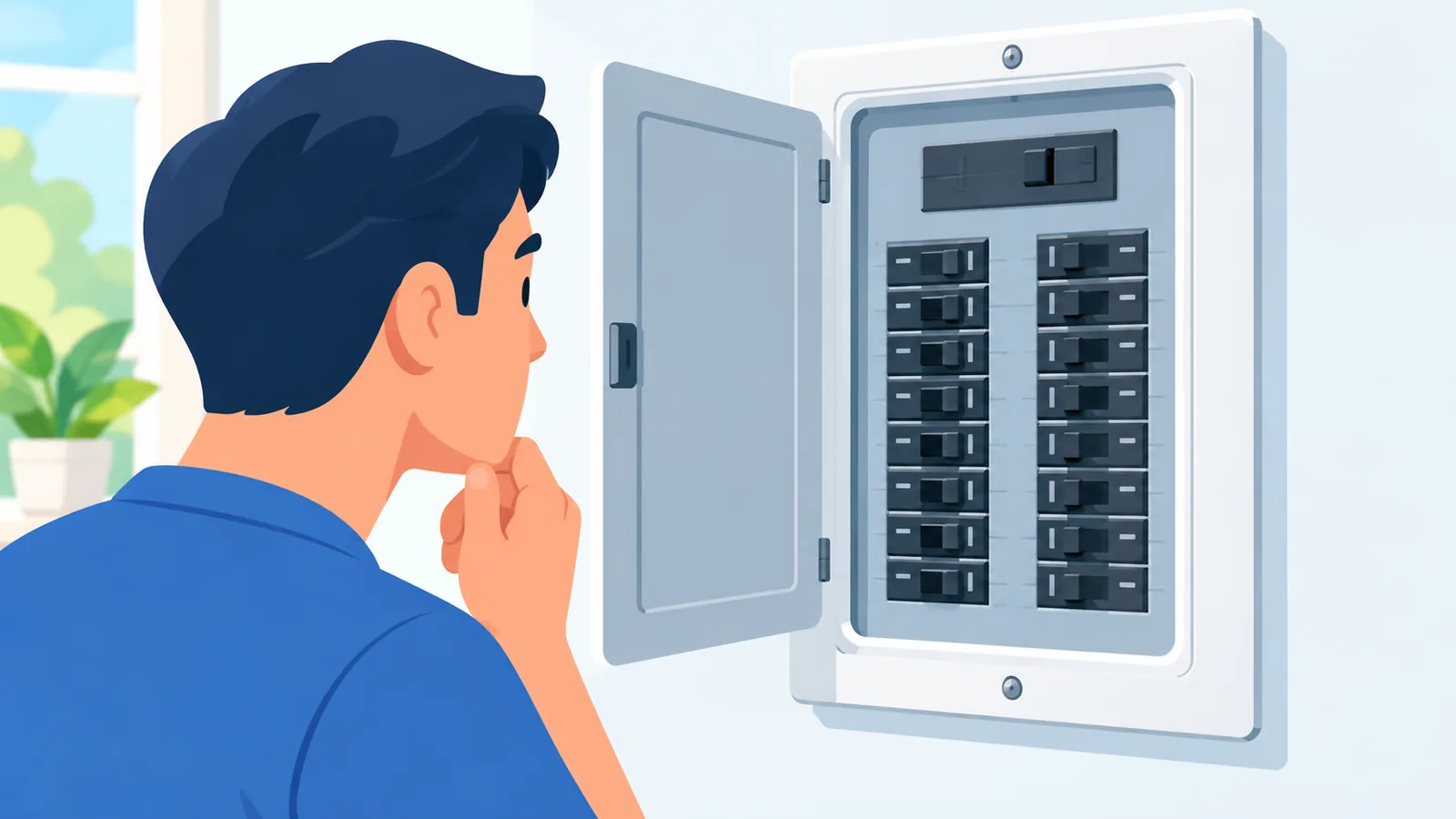 Tủ điện gia đình mở cửa với các aptomat xếp hàng