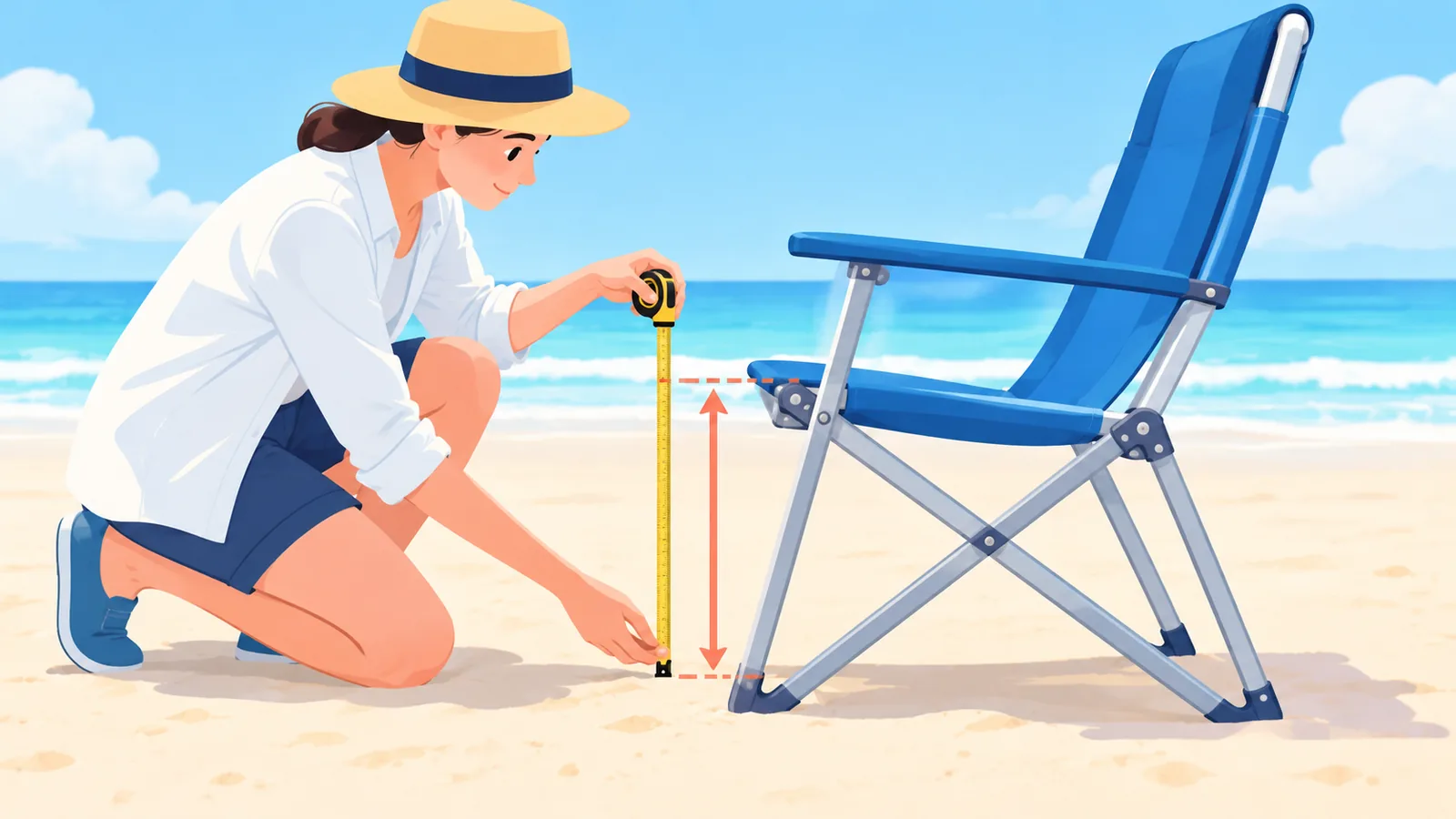 Người đang đo độ cao chỗ ngồi của ghế đi biển bằng thước cuộn