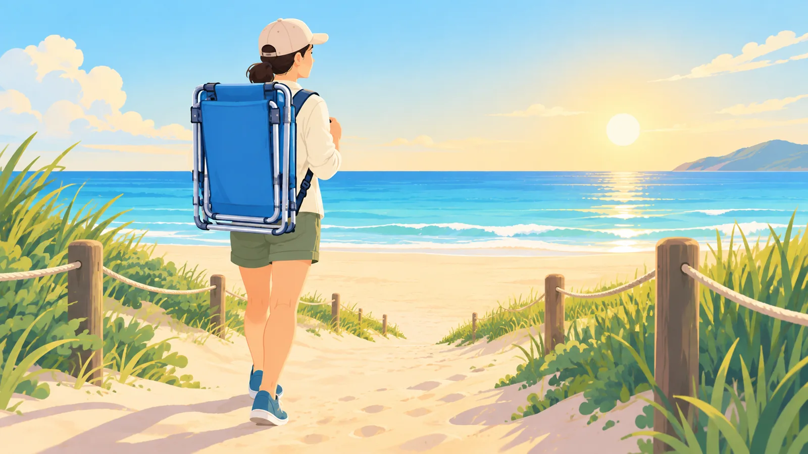 Người đeo ghế gấp kiểu ba lô đi trên lối cát ra biển