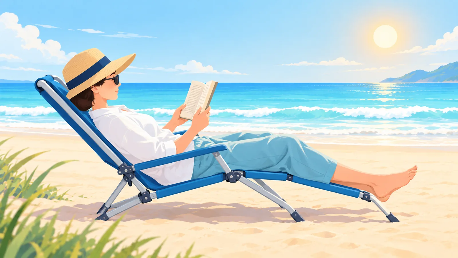 Người nằm đọc sách trên ghế ngả phẳng dưới bóng râm bên bờ biển