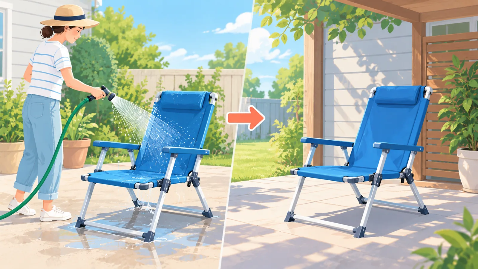 Ghế đi biển được tráng nước ngọt và phơi khô trong bóng râm
